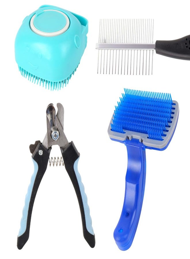 مجموعة أدوات العناية بالحيوانات الأليفة، مجموعة فرشاة للكلاب مكونة من 4 قطع مع فرشاة تنظيف ذاتية التنظيف، ومشط معدني، ومقص أظافر، وأداة زرقاء لإزالة الشعر الزائد للكلاب (عبوة من 4 قطع) - Image 1